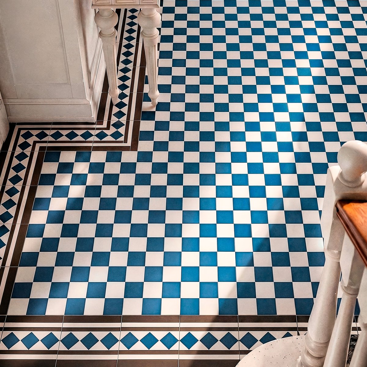 Victorian Bristol Blue and White Chequer Pre-Scored Anti-Slip Porcelain Tile — installed room setting, buy tile UK