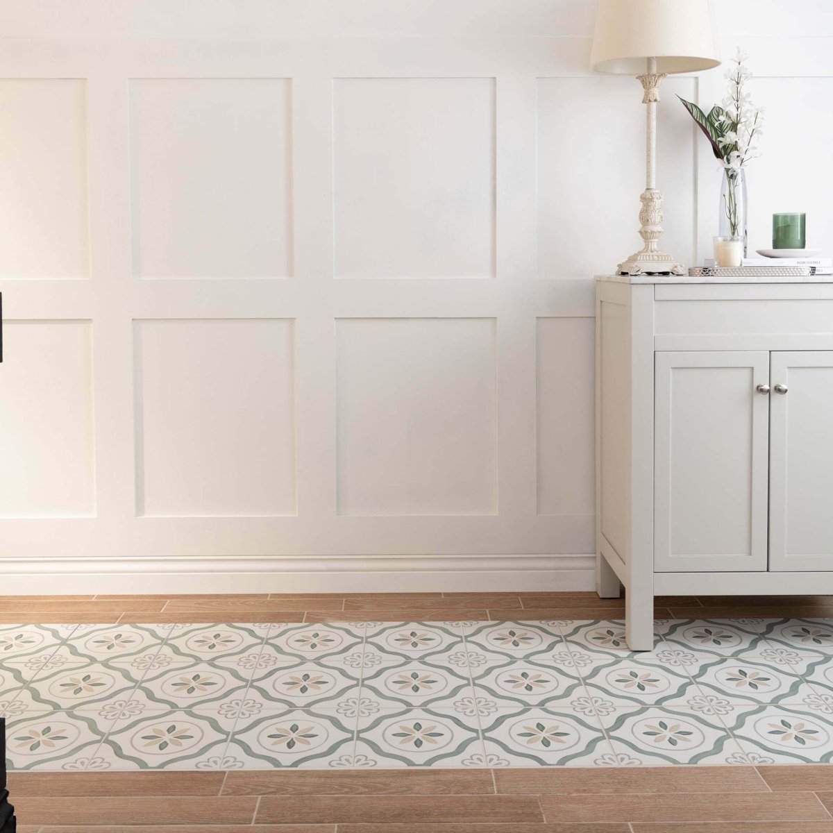 Sirocco Green Petals — installed room setting, buy floor tile UK