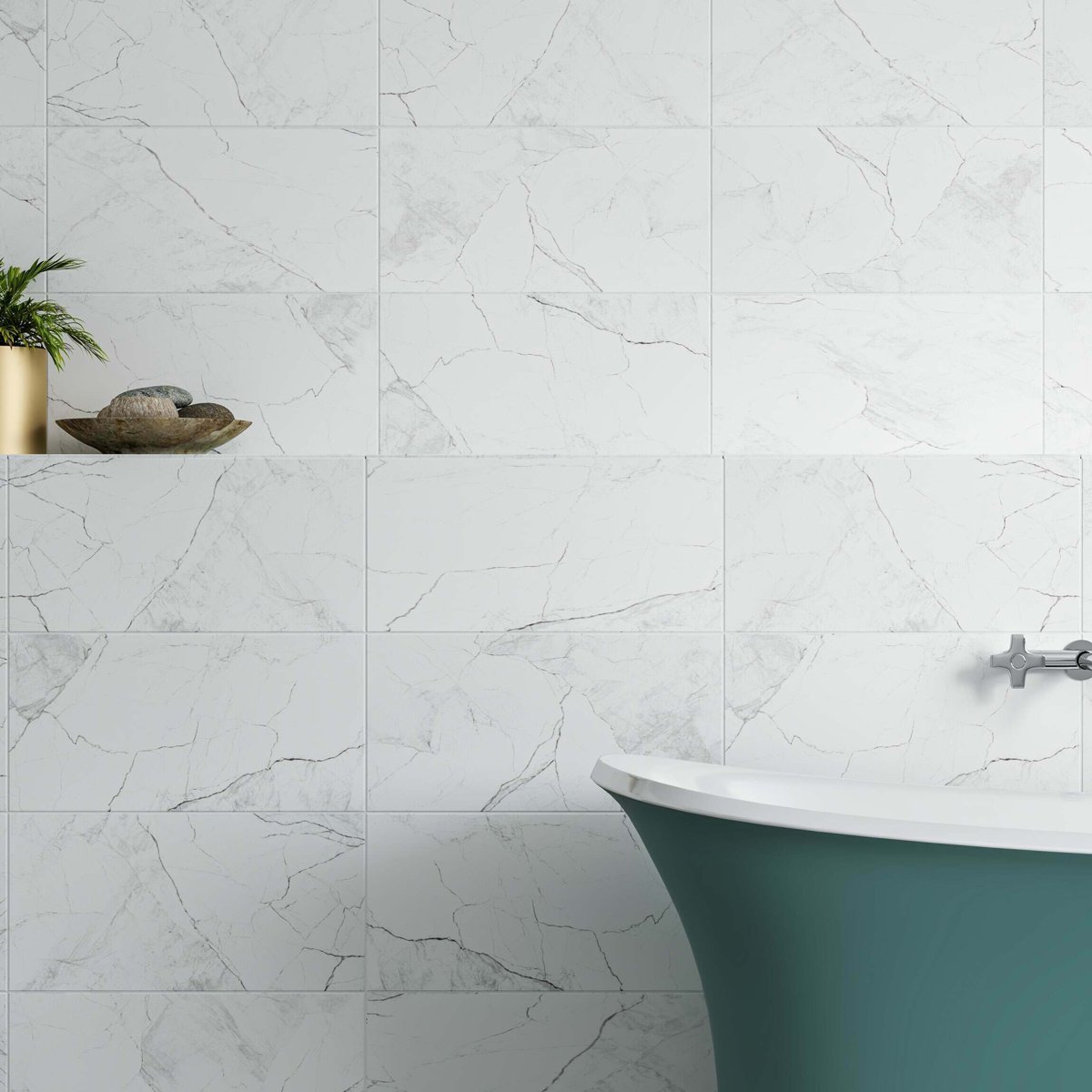 Riva White Matt Marble Effect Wall Tile 600x300 — installed room setting, buy wall tile UK