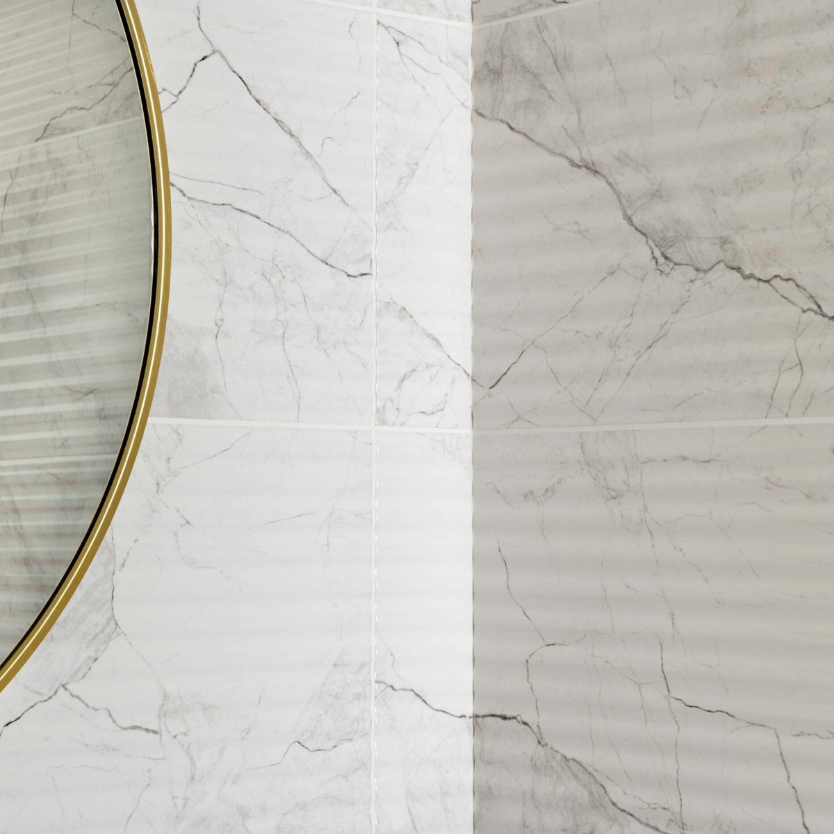 Riva White Gloss Marble Effect Decor Wall Tile 600x300 — installed room setting, buy wall tile UK