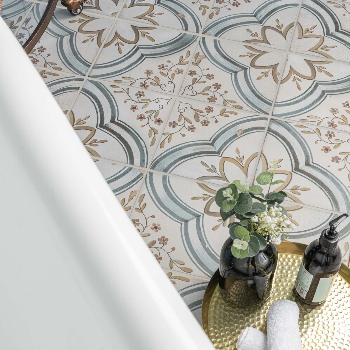Vintage Industrial Nijar 450x450 — installed room setting, buy floor tile UK
