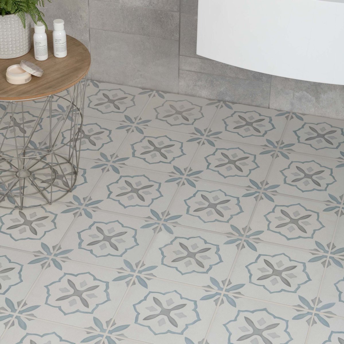 Sirocco Blue Cross — installed room setting, buy floor tile UK