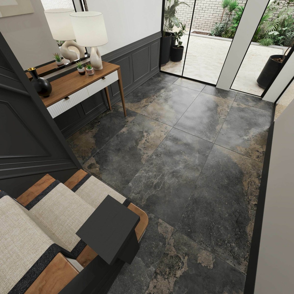 Strato Natural Rustic Black Slate Effect Matt 1200x595 — installed room setting, buy floor tile UK