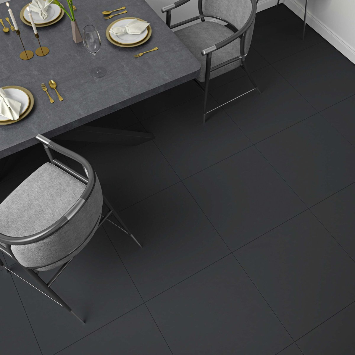 Cielo Nero Black Matt Plain Tiles 598x598 — close-up of the tile surface, buy floor tile UK