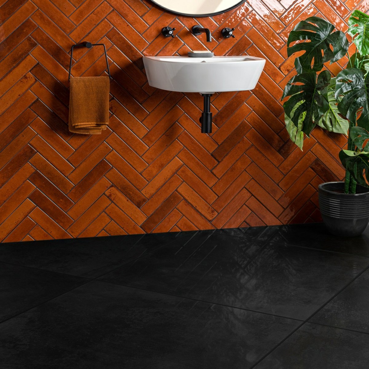 Stardust Black Lapato 898x898 — installed room setting, buy floor tile UK