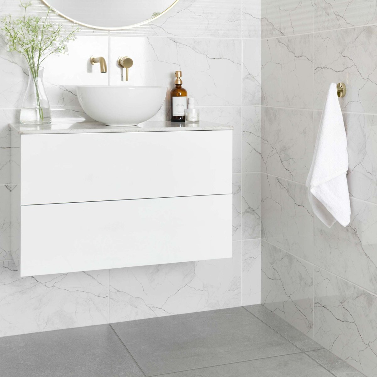 Riva White Gloss Marble Effect Wall Tile 600x300 — close-up of the tile surface, buy wall tile UK