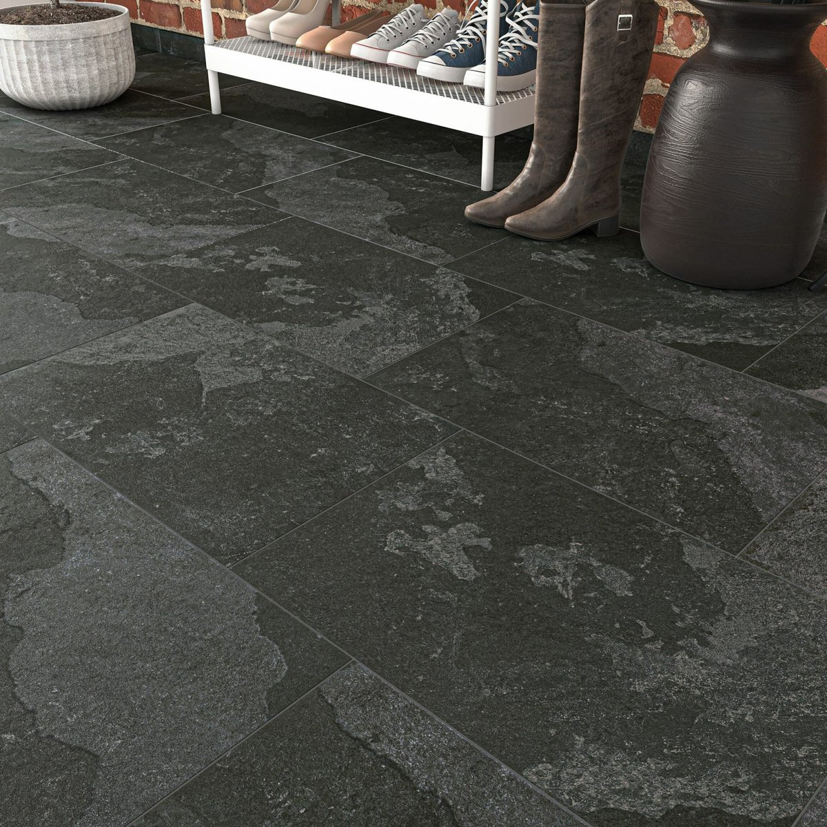 Newstone Shadow Black Matt Slate Effect Wall and Floor Tiles — close-up of the tile surface, buy floor tile UK