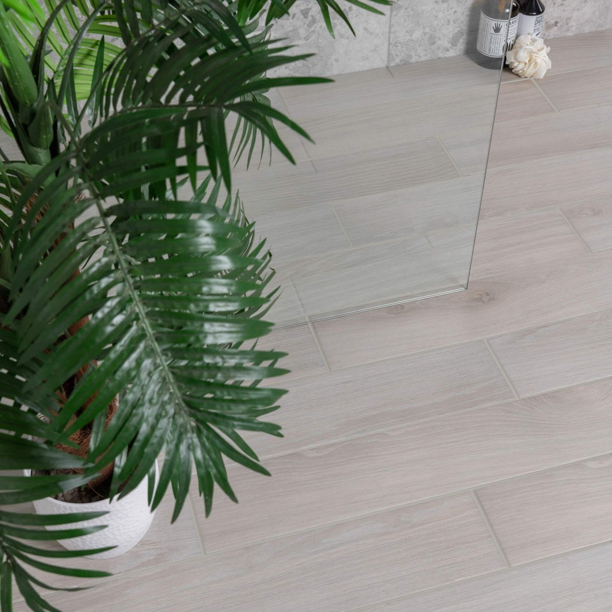 Civic White Wood Effect Tile15x90 — installed room setting, buy floor tile UK