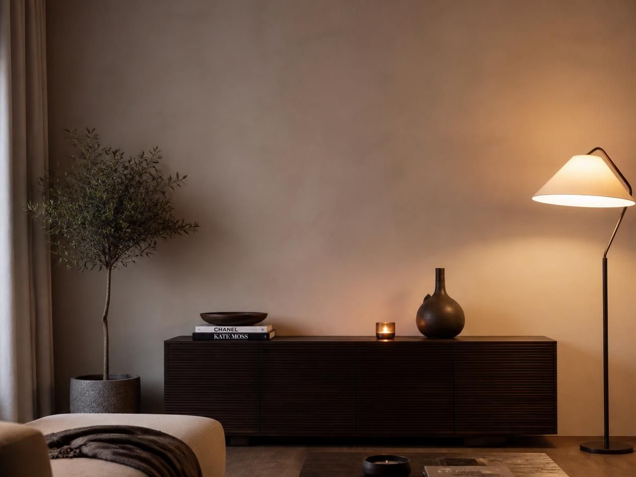Sage Green Ceramic Metro Tiles 65x200mm run as a living room feature wall, installed in 65x200mm