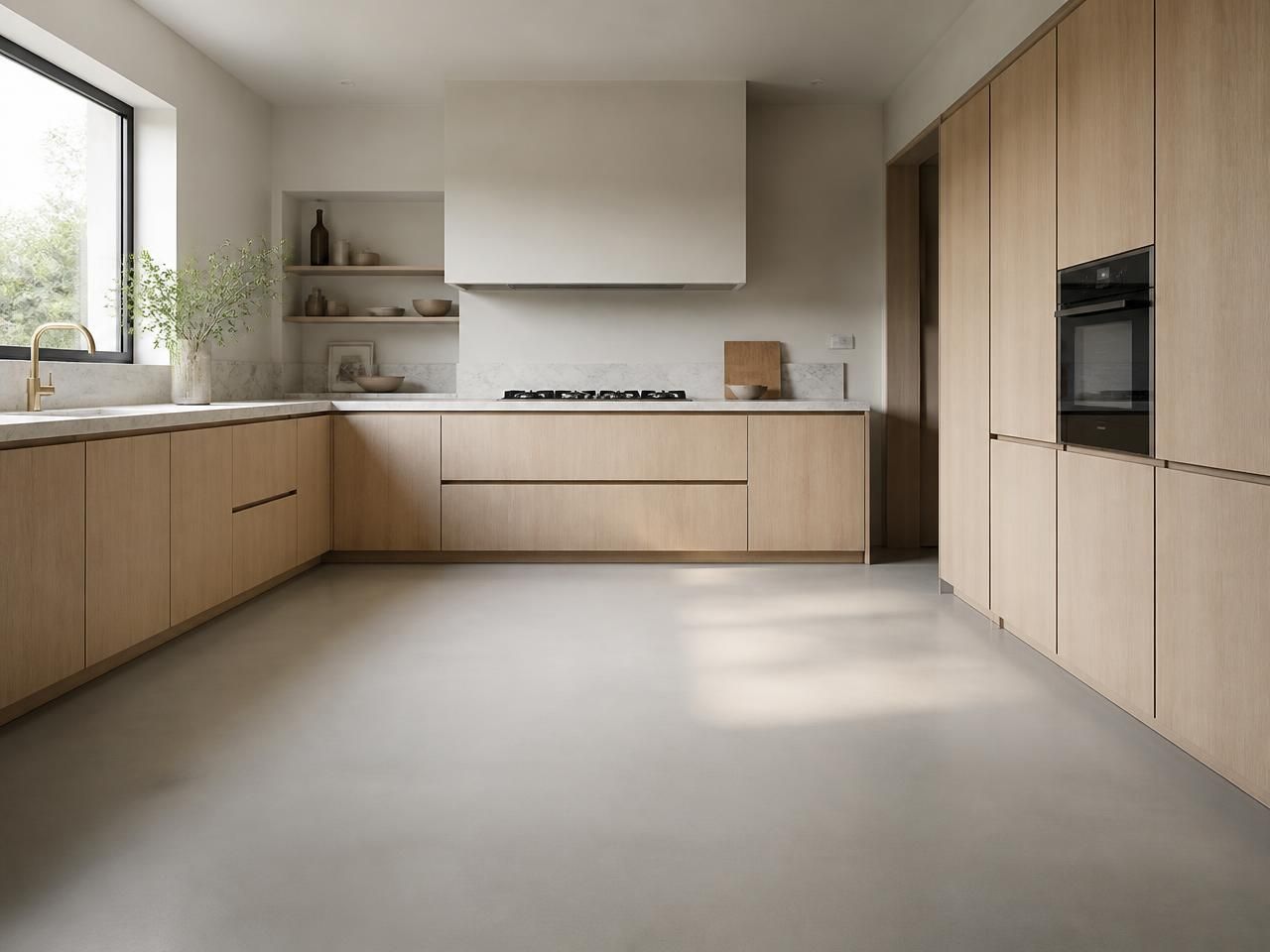 White Marble Effect Porcelain Wall & Floor Tiles 600x1200mm laid as a kitchen floor, installed in 600x1200mm