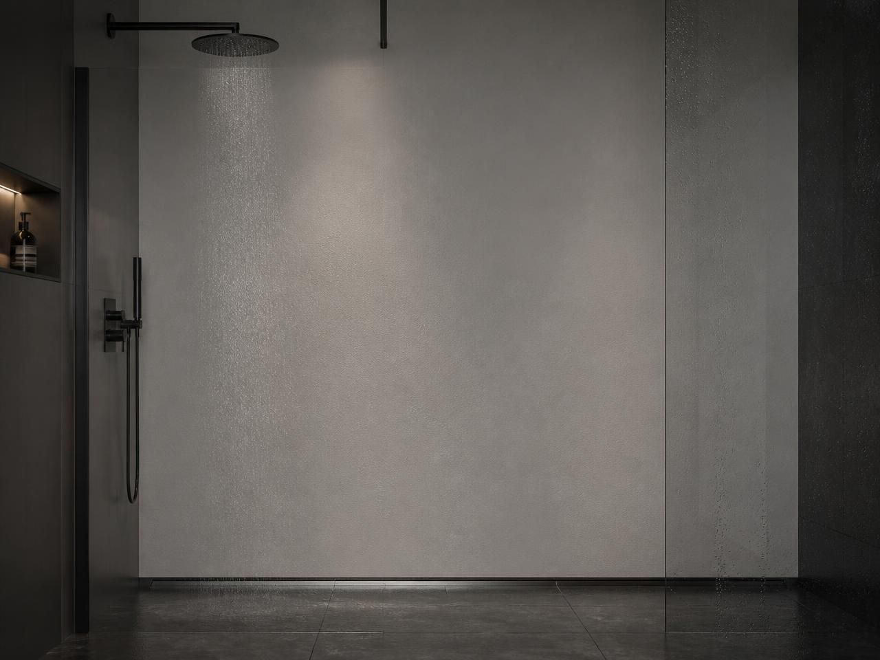Mid Grey Marble Effect Porcelain Bathroom Wall & Floor Tiles 300x600mm tiled in a walk-in shower, installed in 300x600mm